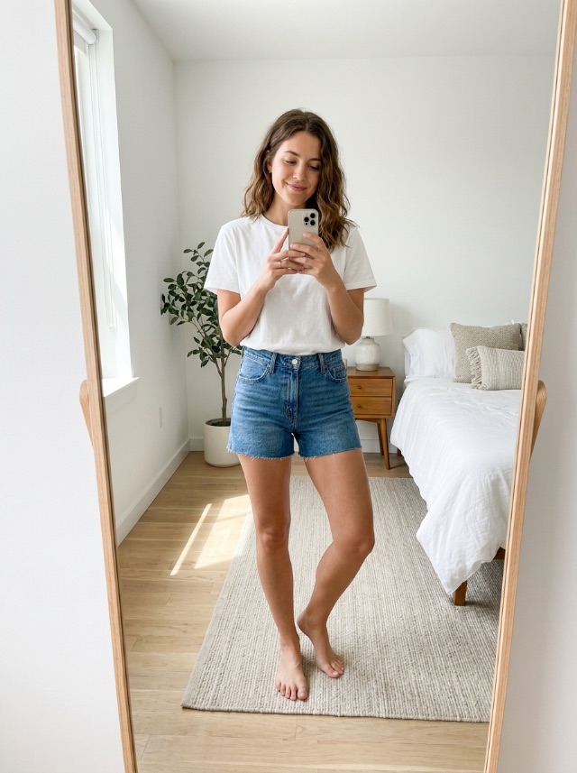 Woman in her original outfit posing in front of a mirror